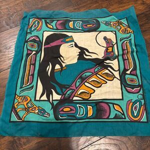 Vintage Southwestern Made in USA Wolf Woman Bird Bandana